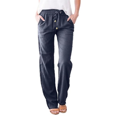 Soulolo Leinenhose Damen Länge Leichte Sommerhose Musselin Einfarbig Freizeithose Gerade Stoffhose Einfarbig Jogginghose Elegant Leicht Baumwolle Leinen Hose von Soulolo