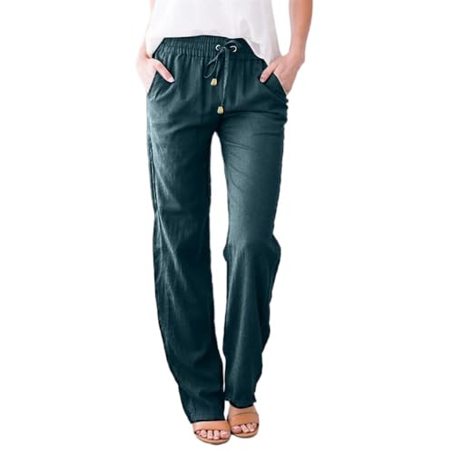 Soulolo Leinenhose Damen Länge Leichte Sommerhose Musselin Einfarbig Freizeithose Gerade Stoffhose Einfarbig Jogginghose Elegant Leicht Baumwolle Leinen Hose von Soulolo
