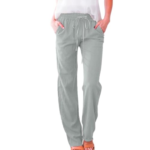 Soulolo Leinenhose Damen Länge Leichte Sommerhose Musselin Einfarbig Freizeithose Gerade Stoffhose Einfarbig Jogginghose Elegant Leicht Baumwolle Leinen Hose von Soulolo