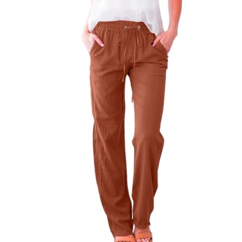 Soulolo Leinenhose Damen Länge Leichte Sommerhose Musselin Einfarbig Freizeithose Gerade Stoffhose Einfarbig Jogginghose Elegant Leicht Baumwolle Leinen Hose von Soulolo
