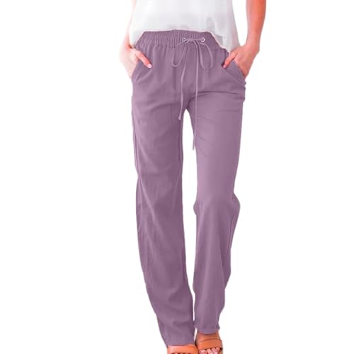 Soulolo Leinenhose Damen Länge Leichte Sommerhose Musselin Einfarbig Freizeithose Gerade Stoffhose Einfarbig Jogginghose Elegant Leicht Baumwolle Leinen Hose von Soulolo