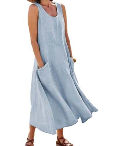 Soulolo Leinenkleid Damen Ärmellos Baumwoll Leinen Sommerkleid Lose Maxikleid Einfarbig Freizeitkleid A Linien Kleid Casual Rundhals Strandkleid Boho Tankkleid mit Taschen von Soulolo
