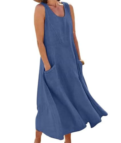Soulolo Leinenkleid Damen Ärmellos Baumwoll Leinen Sommerkleid Lose Maxikleid Einfarbig Freizeitkleid A Linien Kleid Casual Rundhals Strandkleid Boho Tankkleid mit Taschen von Soulolo