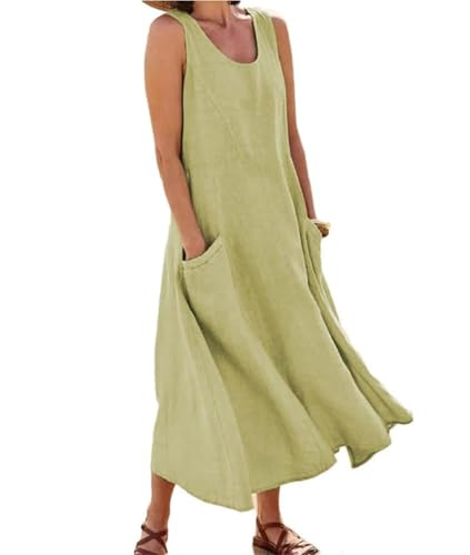 Soulolo Leinenkleid Damen Ärmellos Baumwoll Leinen Sommerkleid Lose Maxikleid Einfarbig Freizeitkleid A Linien Kleid Casual Rundhals Strandkleid Boho Tankkleid mit Taschen von Soulolo