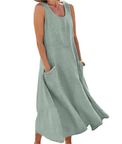 Soulolo Leinenkleid Damen Ärmellos Baumwoll Leinen Sommerkleid Lose Maxikleid Einfarbig Freizeitkleid A Linien Kleid Casual Rundhals Strandkleid Boho Tankkleid mit Taschen von Soulolo