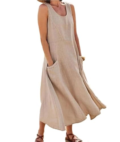 Soulolo Leinenkleid Damen Ärmellos Baumwoll Leinen Sommerkleid Lose Maxikleid Einfarbig Freizeitkleid A Linien Kleid Casual Rundhals Strandkleid Boho Tankkleid mit Taschen von Soulolo