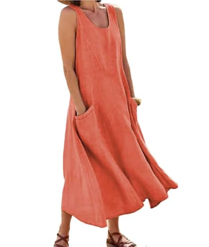 Soulolo Leinenkleid Damen Ärmellos Baumwoll Leinen Sommerkleid Lose Maxikleid Einfarbig Freizeitkleid A Linien Kleid Casual Rundhals Strandkleid Boho Tankkleid mit Taschen von Soulolo