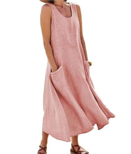 Soulolo Leinenkleid Damen Ärmellos Baumwoll Leinen Sommerkleid Lose Maxikleid Einfarbig Freizeitkleid A Linien Kleid Casual Rundhals Strandkleid Boho Tankkleid mit Taschen von Soulolo