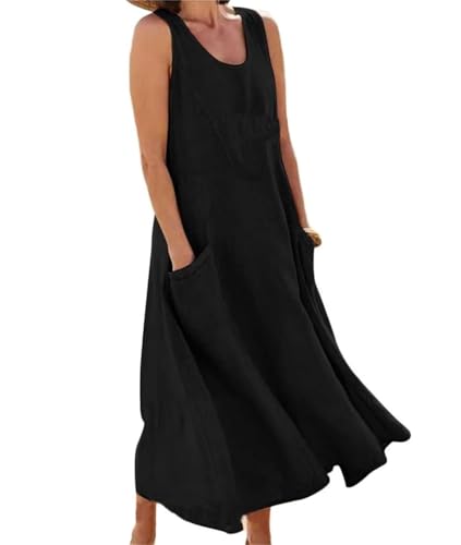 Soulolo Leinenkleid Damen Ärmellos Baumwoll Leinen Sommerkleid Lose Maxikleid Einfarbig Freizeitkleid A Linien Kleid Casual Rundhals Strandkleid Boho Tankkleid mit Taschen von Soulolo