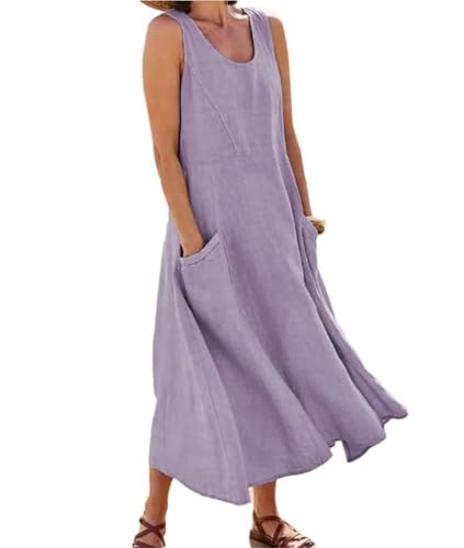 Soulolo Leinenkleid Damen Ärmellos Baumwoll Leinen Sommerkleid Lose Maxikleid Einfarbig Freizeitkleid A Linien Kleid Casual Rundhals Strandkleid Boho Tankkleid mit Taschen von Soulolo