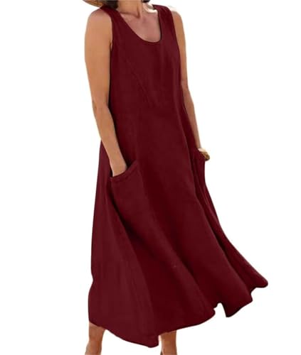 Soulolo Leinenkleid Damen Ärmellos Baumwoll Leinen Sommerkleid Lose Maxikleid Einfarbig Freizeitkleid A Linien Kleid Casual Rundhals Strandkleid Boho Tankkleid mit Taschen von Soulolo