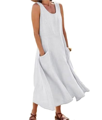 Soulolo Leinenkleid Damen Ärmellos Baumwoll Leinen Sommerkleid Lose Maxikleid Einfarbig Freizeitkleid A Linien Kleid Casual Rundhals Strandkleid Boho Tankkleid mit Taschen von Soulolo