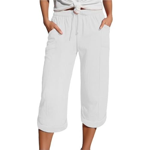 Soulolo Musselin Hose 3/4 Sommer Kurze Hose Baggy Beach Shorts Knielang Sommershorts Strandhose Schlupfhose Leicht Stoffhose Sommerhose Einfarbig Mit Taschen Kordelzug Casual von Soulolo