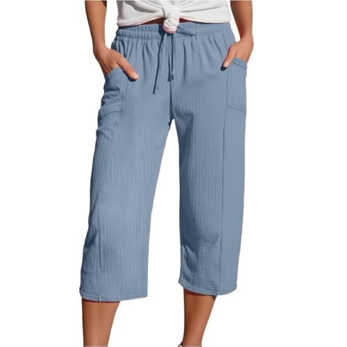 Soulolo Musselin Kurze Hose 3/4 Damen Leinenhose Sommer Capri Shorts Sommerhose Leicht Stoffhose mit Taschen Gerades Bein Kordelzug Strandhose Bequem Atmungsaktiv von Soulolo