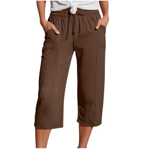 Soulolo Musselin Kurze Hose 3/4 Damen Leinenhose Sommer Capri Shorts Sommerhose Leicht Stoffhose mit Taschen Gerades Bein Kordelzug Strandhose Bequem Atmungsaktiv von Soulolo