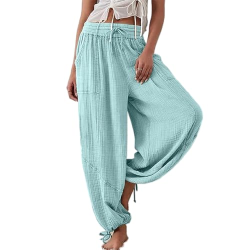 Soulolo Sommerhose Damen Leicht Hose Elegant Sommer Freizeithose Leinen Weite Hosen mit Taschen Stoffhose Kordelzug Casual Leinenhose Stoffhose von Soulolo