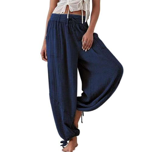 Soulolo Sommerhose Damen Leicht Hose Elegant Sommer Freizeithose Leinen Weite Hosen mit Taschen Stoffhose Kordelzug Casual Leinenhose Stoffhose von Soulolo