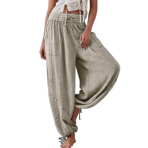 Soulolo Sommerhose Damen Leicht Hose Elegant Sommer Freizeithose Leinen Weite Hosen mit Taschen Stoffhose Kordelzug Casual Leinenhose Stoffhose von Soulolo