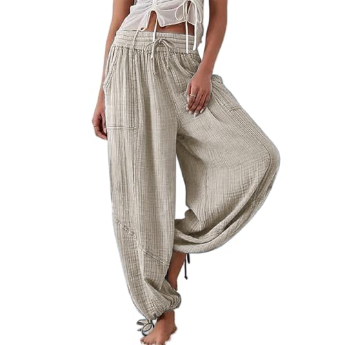 Soulolo Sommerhose Damen Leicht Hose Elegant Sommer Freizeithose Leinen Weite Hosen mit Taschen Stoffhose Kordelzug Casual Leinenhose Stoffhose von Soulolo