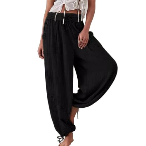 Soulolo Sommerhose Damen Leicht Hose Elegant Sommer Freizeithose Leinen Weite Hosen mit Taschen Stoffhose Kordelzug Casual Leinenhose Stoffhose von Soulolo
