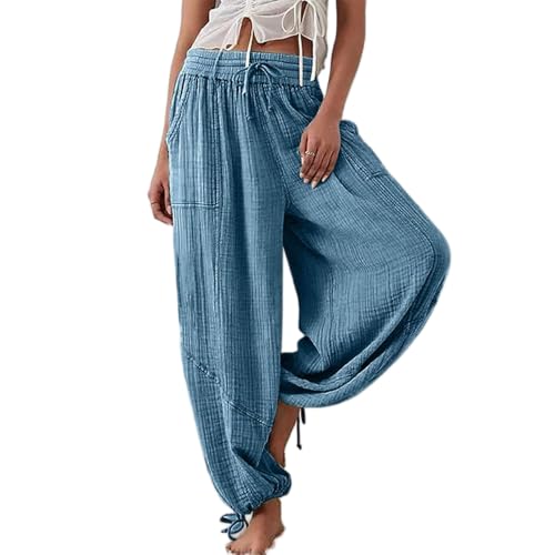Soulolo Sommerhose Damen Leicht Hose Elegant Sommer Freizeithose Leinen Weite Hosen mit Taschen Stoffhose Kordelzug Casual Leinenhose Stoffhose von Soulolo