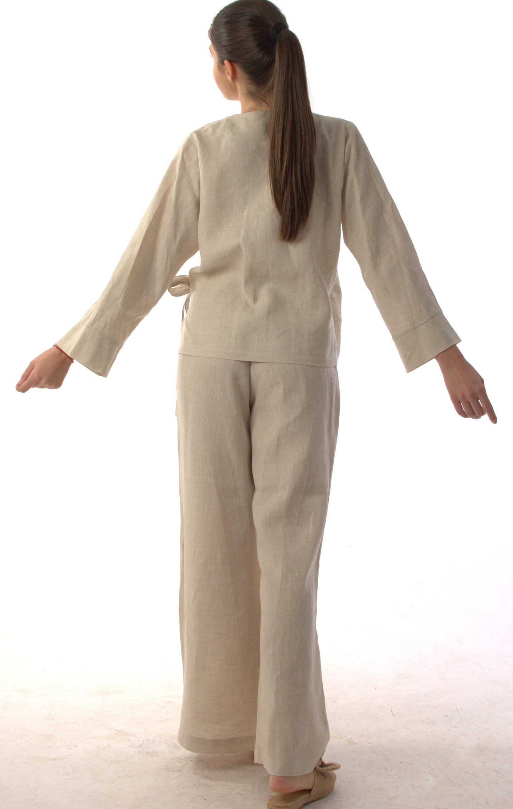 Leinen-Set, Weite Hose Mit Gummibund, Kurzer Kimono Weiten Ärmeln Und Tasche, Tie Up Hug Me Top V-Ausschnitt, Hausgemachtes Leinen von SoulsInClothes