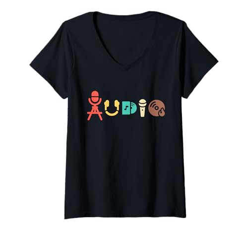 Damen Kreatives Audio-Icon-Design T-Shirt mit V-Ausschnitt von Sound Vibes Collection