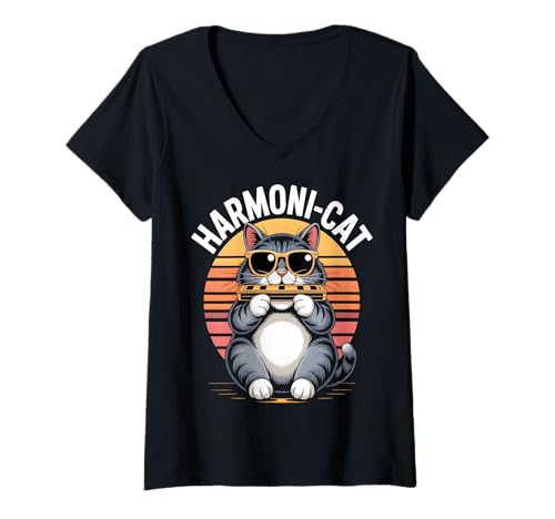 Damen Harmoni-Katze lustige Retro Katze spielt Mundharmonika T-Shirt mit V-Ausschnitt Damen Harmoni-Katze lustige Retro Katze spielt Mundharmonika T-Shirt mit V-Ausschnitt von Sound Vibes Studio