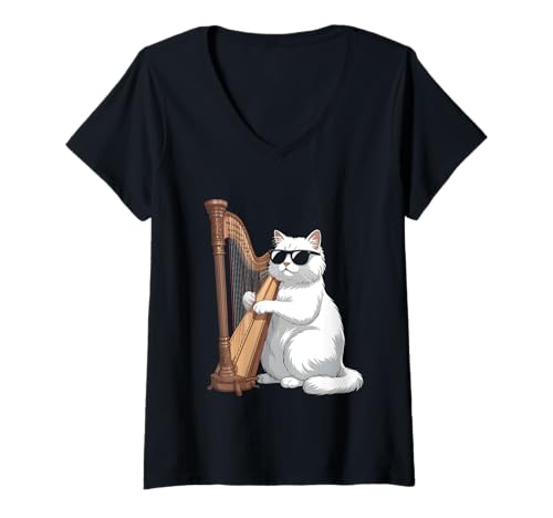 Damen Katze spielt Harfe Lustiger Musiker T-Shirt mit V-Ausschnitt Damen Katze spielt Harfe Lustiger Musiker T-Shirt mit V-Ausschnitt von Sound Vibes Studio