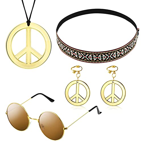 5 Stück Hippie Accessoires Set Gelb, Hippie Accessoires Set für Damen und Herren, Retro Sonnenbrille, Frieden Zeichen Halskette, Frieden Zeichen Ohrring Sowie Böhmen Stirnband, Für Den Alltag, Selfi von SoundZero