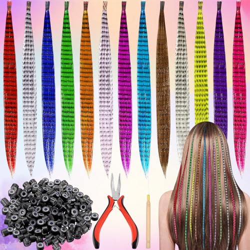 50 Stück Bunte Feder Haarverlängerungs Set, Haarsträhnen Zum Einflechten Feder, 40 Cm Haarsträhnen Zum Einflechten, Mit 1 Zange, 1 Häkelnadel und 100 Perlen, Bunte Federn Haare für Mädchen und Kinder von SoundZero