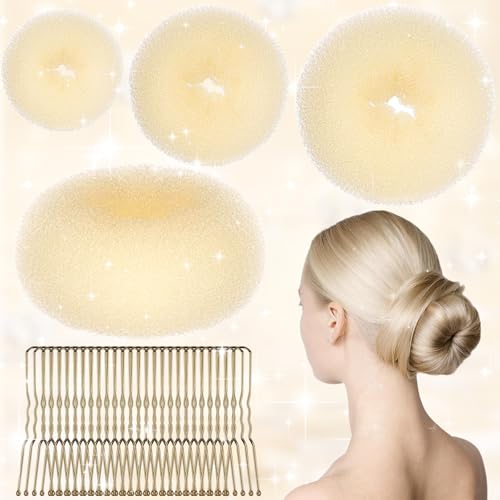 SoundZero 4 Stück Donut Hair Bun Set, Donut Haark Hochsteckfrisuren Zubehör, Hochsteckfrisuren Zubehör, Haardonut Maker Set, für Frisur Tänzer Kinder Mädchen Frauen, Kommt mit 20 Haarnadeln (Gold) von SoundZero