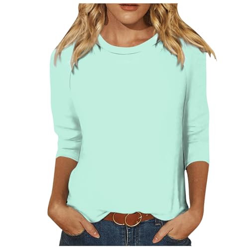3/4 Ärmel Shirt Damen - Elegant Bluse Damen, Einfarbig Rundhalsausschnitt Oberteile Sommer Casual Slim Fit T-Shirt Tops Dreiviertelarm Longshirt Mode Vintage Longbluse Teenager Mädchen Mintgrün XL von Soupliebe