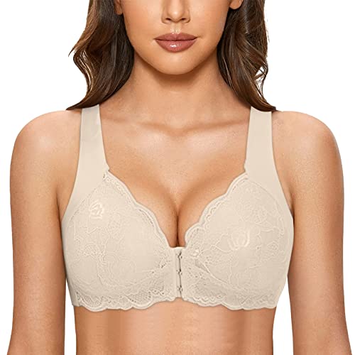 Damen BH Ohne Bügel Vorderverschluss Soft Spitzen BH Gepolstert Bralette Nahtlose Bustier Push up Minimizer BH Entlastungs BH Atmungsaktiver Bra für Schlafen Yoga Bra von Soupliebe