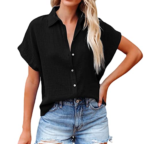 Damen Bluse Hemd Kurzarm Knopfleiste V-Ausschnitt Hemd Business Tunika Frauen Bluse Elegant Casual Sommer Shirts Mode Comfort Hemdbluse 2023 von Soupliebe