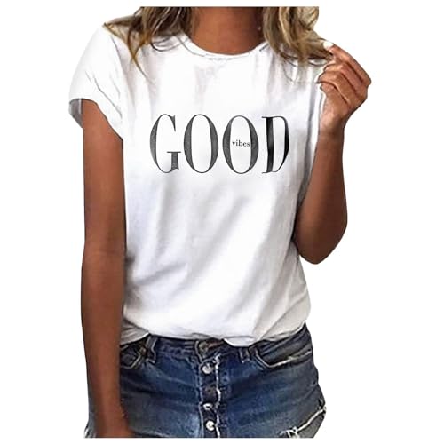 Damen Oberteile - Ausgefallene T-Shirt, Rundhals Sommer Tops mit Aufdruck Mode Shirt Lässig für Leggings Elegant Weiß Shirt Locker Kurzarm Bluse Tops Sportshirt Teenager Mädchen von Soupliebe