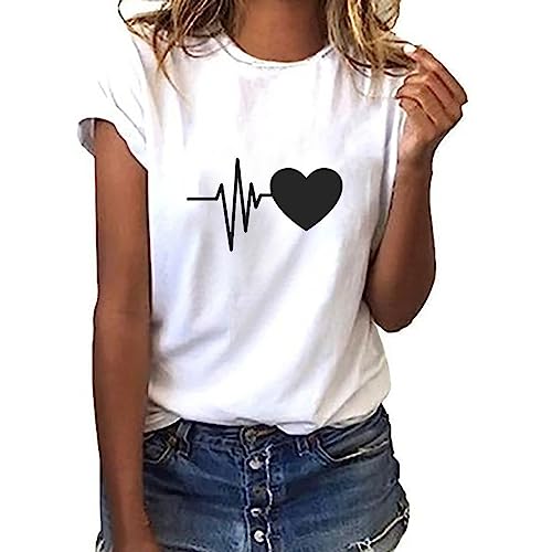 Damen Oberteile - Ausgefallene T-Shirt, Rundhals Sommer Tops mit Aufdruck Mode Shirt Lässig für Leggings Elegant Weiß Shirt Locker Kurzarm Bluse Tops Sportshirt Teenager Mädchen von Soupliebe