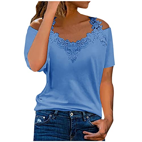 Damen Tops Sommer T-Shirt v Ausschnitt Spitze Shirt italienische Mode Tops Lustig Lässig Damenoberteile Tunika Einfarbig Locker wickelshirt Streifenshirt Stillshirt von Soupliebe