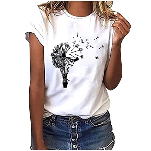 Damen Tshirt Sommer Casual Kurzarm Tops Weiß Rundhals Oberteile Freizeit Lose Tunika Shirt Baumwolle Einfarbig Bluse Sommershirts Feder Muster Sportshirt Bequemes Leicht Longshirt Frauen von Soupliebe