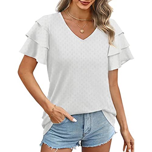 Damen V Ausschnitt Rüschenärmel Kurzarm Tops Einfarbig Elegant Tunika T Shirt Casual Lose Hemd Blusehummel Weißes Locker T-Shirt Damen Poloshirt Sweatshirt von Soupliebe