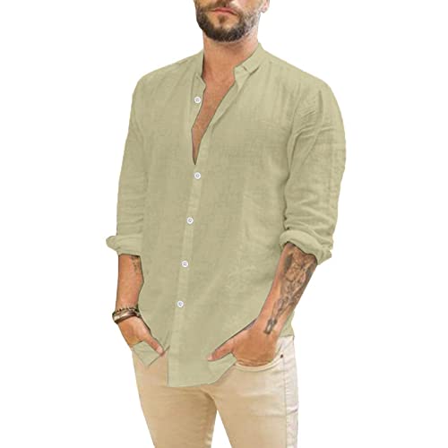 Herren Leinenhemd Langarm Stehkragen Henley Shirt Sommer Männer Sommerhemd Lässig Vintage Modern Casual Leinenshirt Urlaub Baumwolle Regular Fit Herrenhemden Hawaii Hemd von Soupliebe