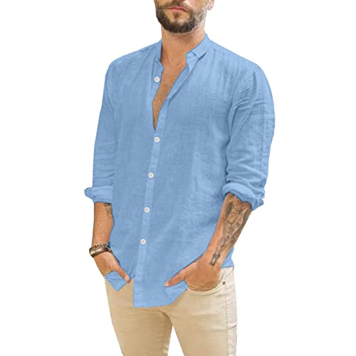 Herren Leinenhemd Langarm Stehkragen Henley Shirt Sommer Männer Sommerhemd Lässig Vintage Modern Casual Leinenshirt Urlaub Baumwolle Regular Fit Herrenhemden Hawaii Hemd von Soupliebe