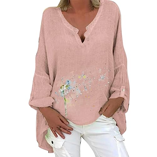 Soupliebe Leinenbluse Damen musselin Bluse Damen Bluse Damen Sommer Tunika V-Ausschnitt Große Größen Blusenshirt Damen Langarmshirt Leinen Baumwolle Hemd Oberteile Druck Oversize Shirt von Soupliebe