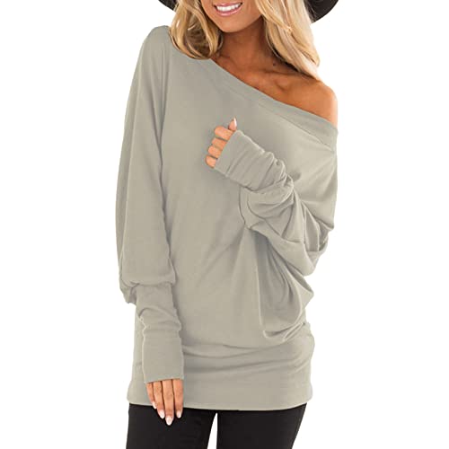 Longshirt Damen Langarm Schulterfrei Oberteile Casual Loose Einfarbig Pullover T-Shirt Vintage Lässig Tunika Tops Locker Bequem Langarmshirt Sportshirt von Soupliebe