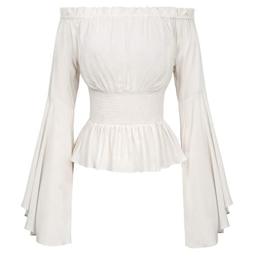 Mittelalter Trachtenbluse Damen Viktorianische Kleidung - Mittelalter Bluse Damen Schulterfrei Trompetenärmel Gothic Boho Bluse Mittelalter Gesmokt Langarmshirt Tops von Soupliebe