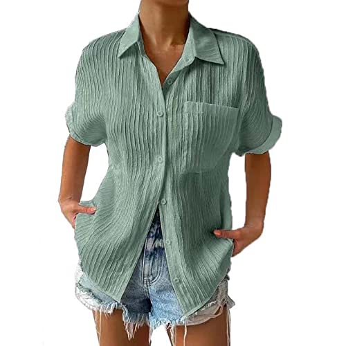 Musselin Bluse Damen V-Ausschnitt Oberteil Kurzarm Oversize Hemdbluse Frauen Casual Hemd Bequem Knopfleiste Einfarbig Lässig Sommer Elegant Shirt Tunika Damenbluse Blusenshirt von Soupliebe