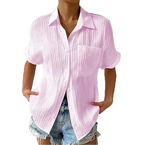 Musselin Bluse Damen V-Ausschnitt Oberteil Kurzarm Oversize Hemdbluse Frauen Casual Hemd Bequem Knopfleiste Einfarbig Lässig Sommer Elegant Shirt Tunika Damenbluse Blusenshirt von Soupliebe