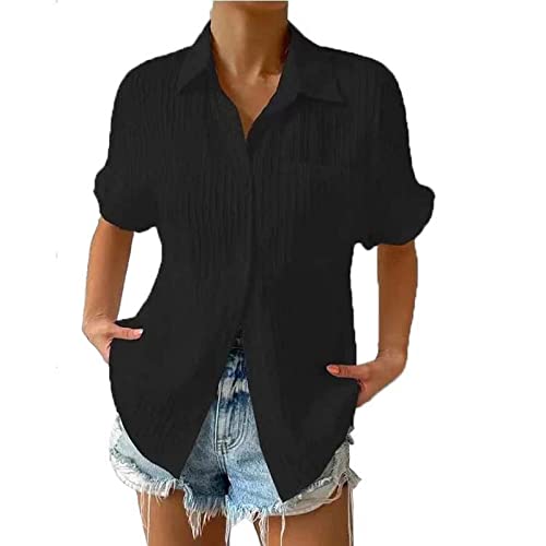 Musselin Bluse Damen V-Ausschnitt Oberteil Kurzarm Oversize Hemdbluse Frauen Casual Hemd Bequem Knopfleiste Einfarbig Lässig Sommer Elegant Shirt Tunika Damenbluse Blusenshirt von Soupliebe