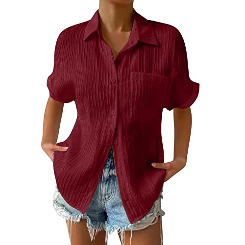 Musselin Bluse Damen V-Ausschnitt Oberteil Kurzarm Oversize Hemdbluse Frauen Casual Hemd Bequem Knopfleiste Einfarbig Lässig Sommer Elegant Shirt Tunika Damenbluse Blusenshirt von Soupliebe