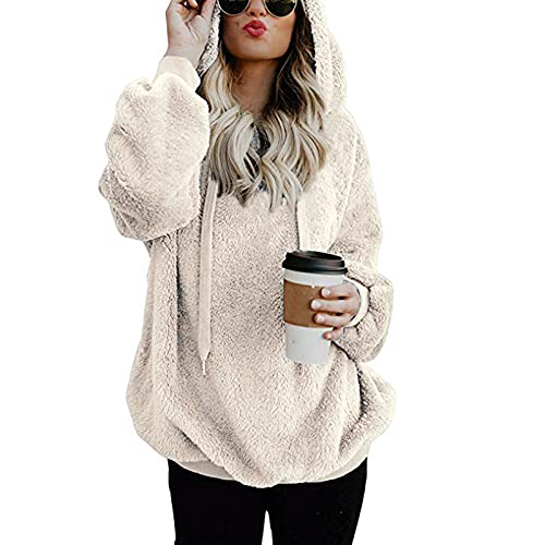 Plüsch Hoodie Damen Pullover Teddy-Fleece Plüsch Kapuzenpullover Winter Warm Pulli Mit Bären Ohren Casual Einfarbig Langarm Sweatshirt Hoodies von Soupliebe